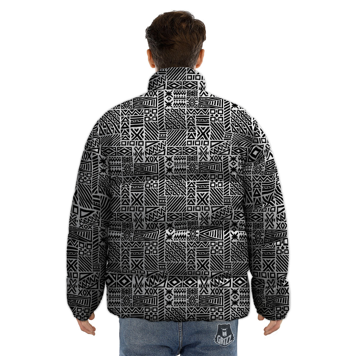 Aztec Geometric White And Black Print Puffer Jacket-grizzshop