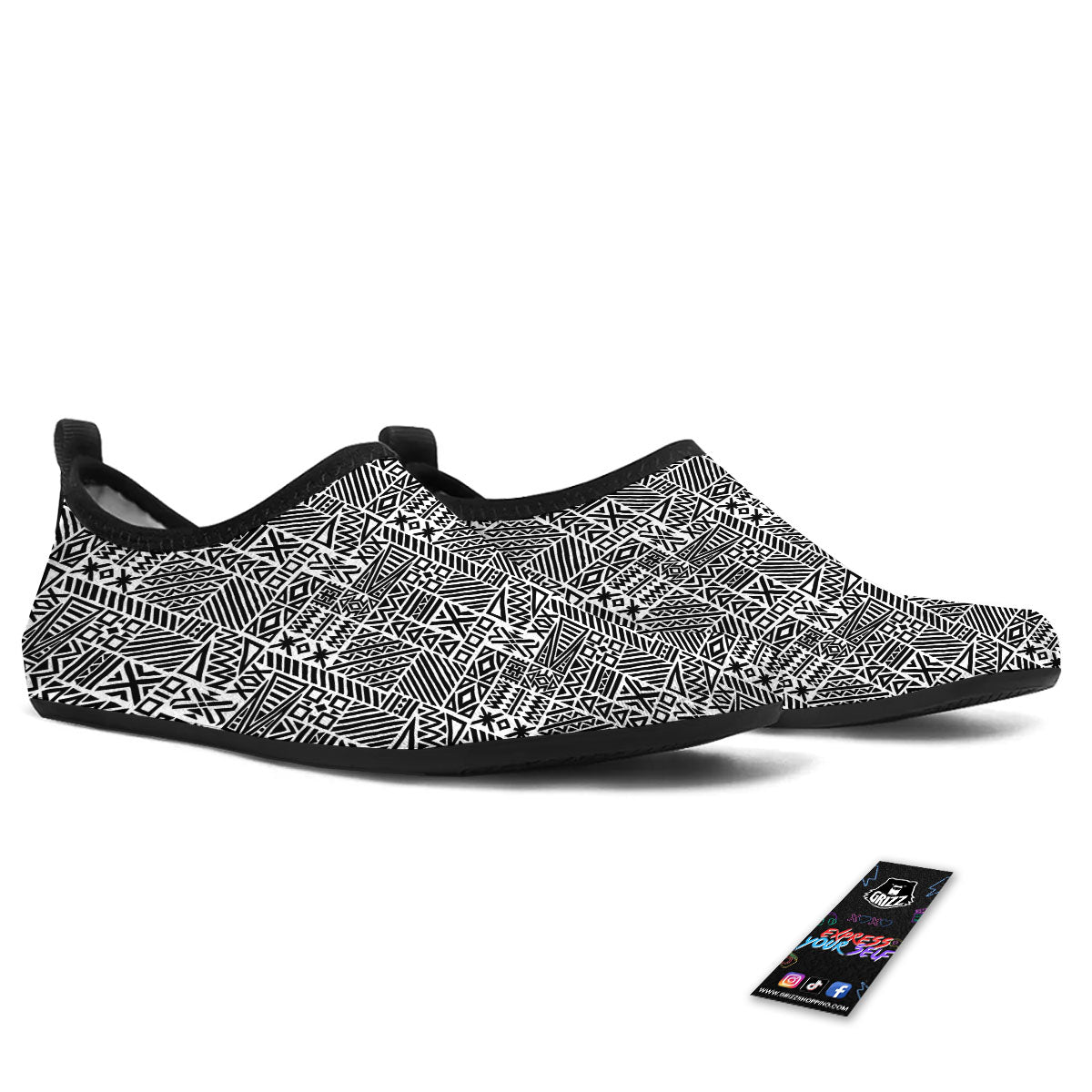 Aztec Geometric White And Black Print Water Shoes-grizzshop