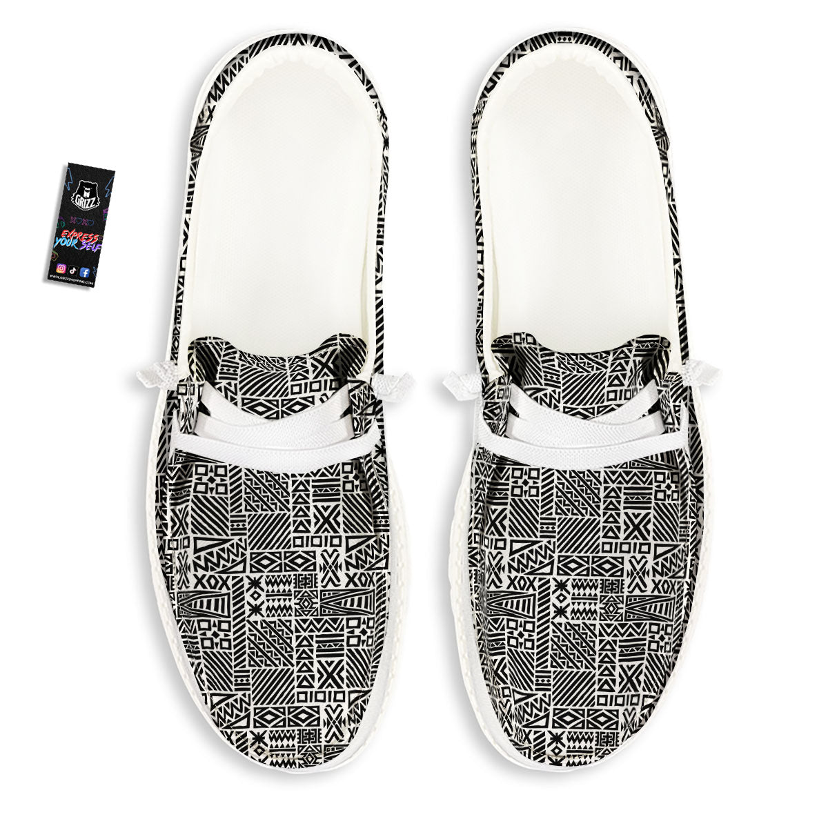 Aztec Geometric White And Black Print White Loafers-grizzshop
