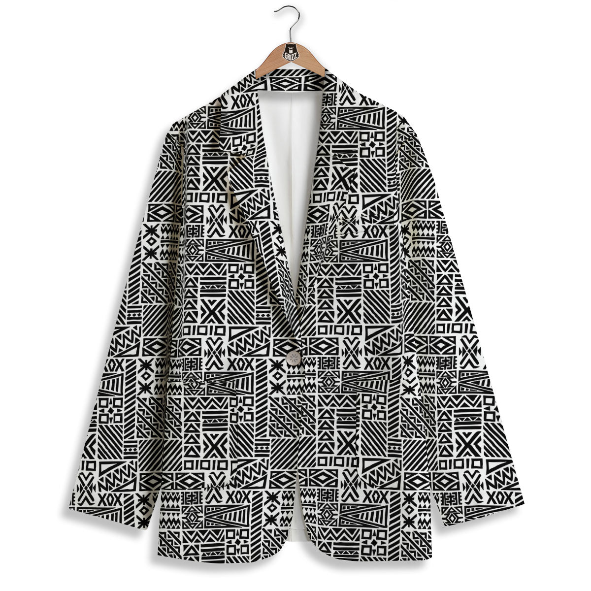 Aztec Geometric White And Black Print Women's Blazer-grizzshop