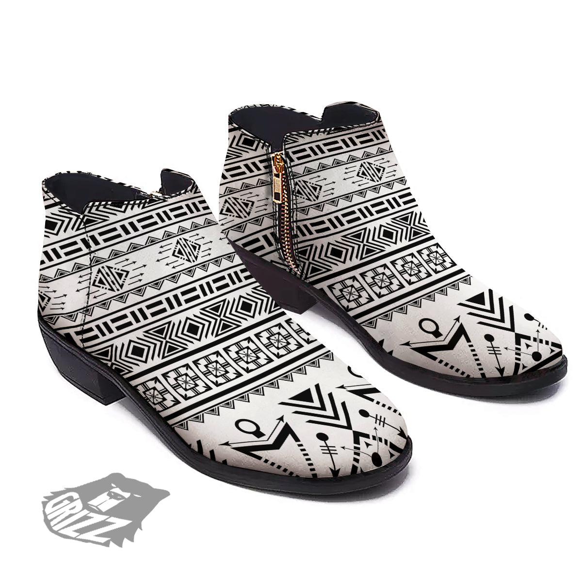 Aztec Grey And White Print Pattern Ankle Boots-grizzshop