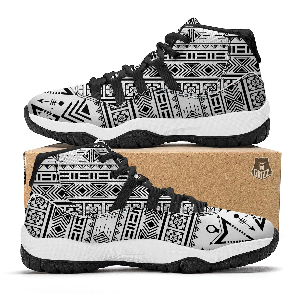 Aztec Grey And White Print Pattern Black Bball Shoes-grizzshop