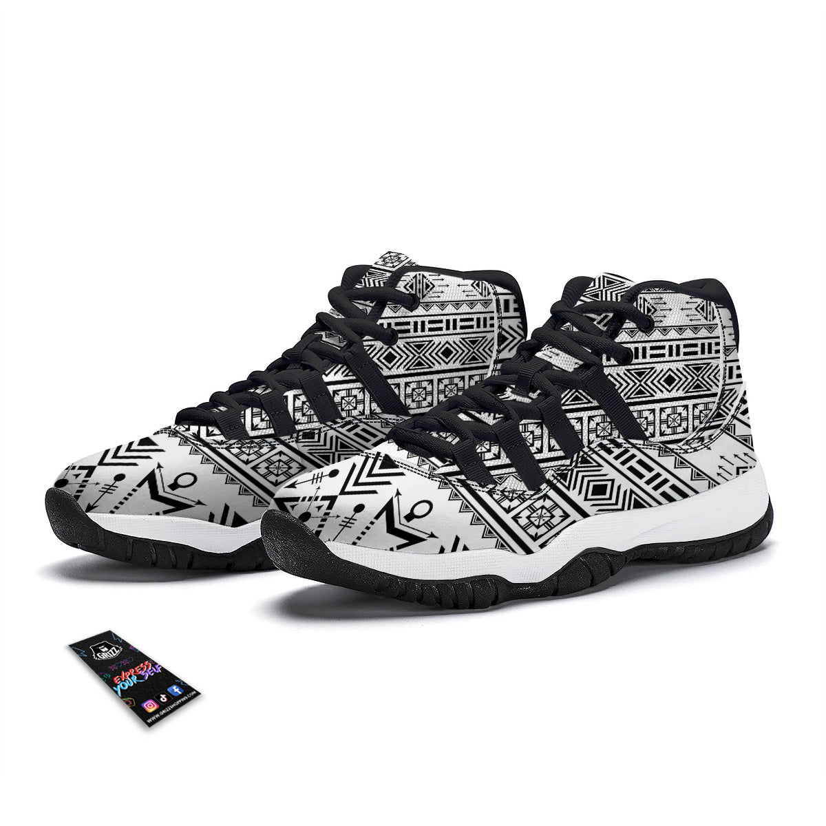 Aztec Grey And White Print Pattern Black Bball Shoes-grizzshop
