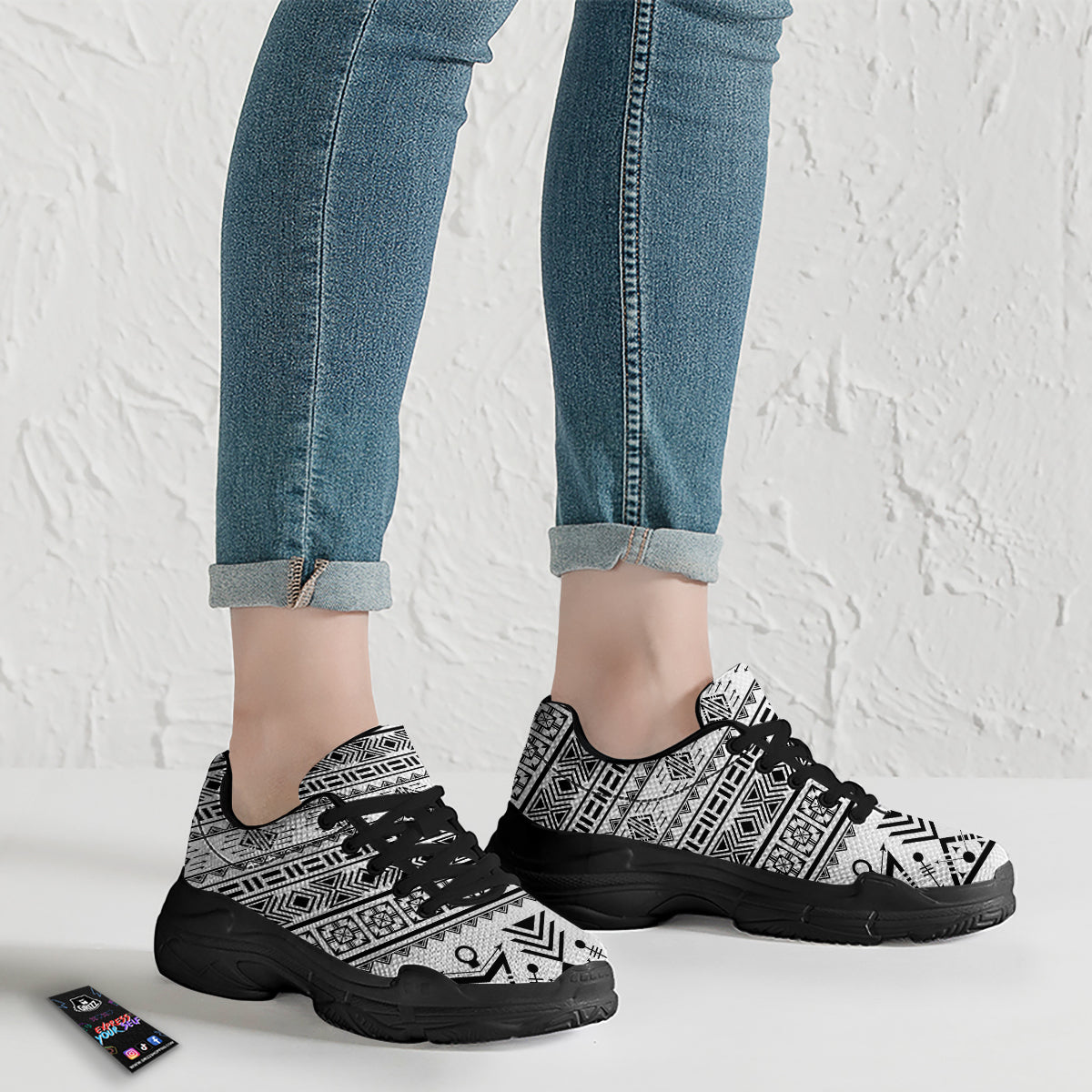 Aztec Grey And White Print Pattern Black Chunky Shoes-grizzshop