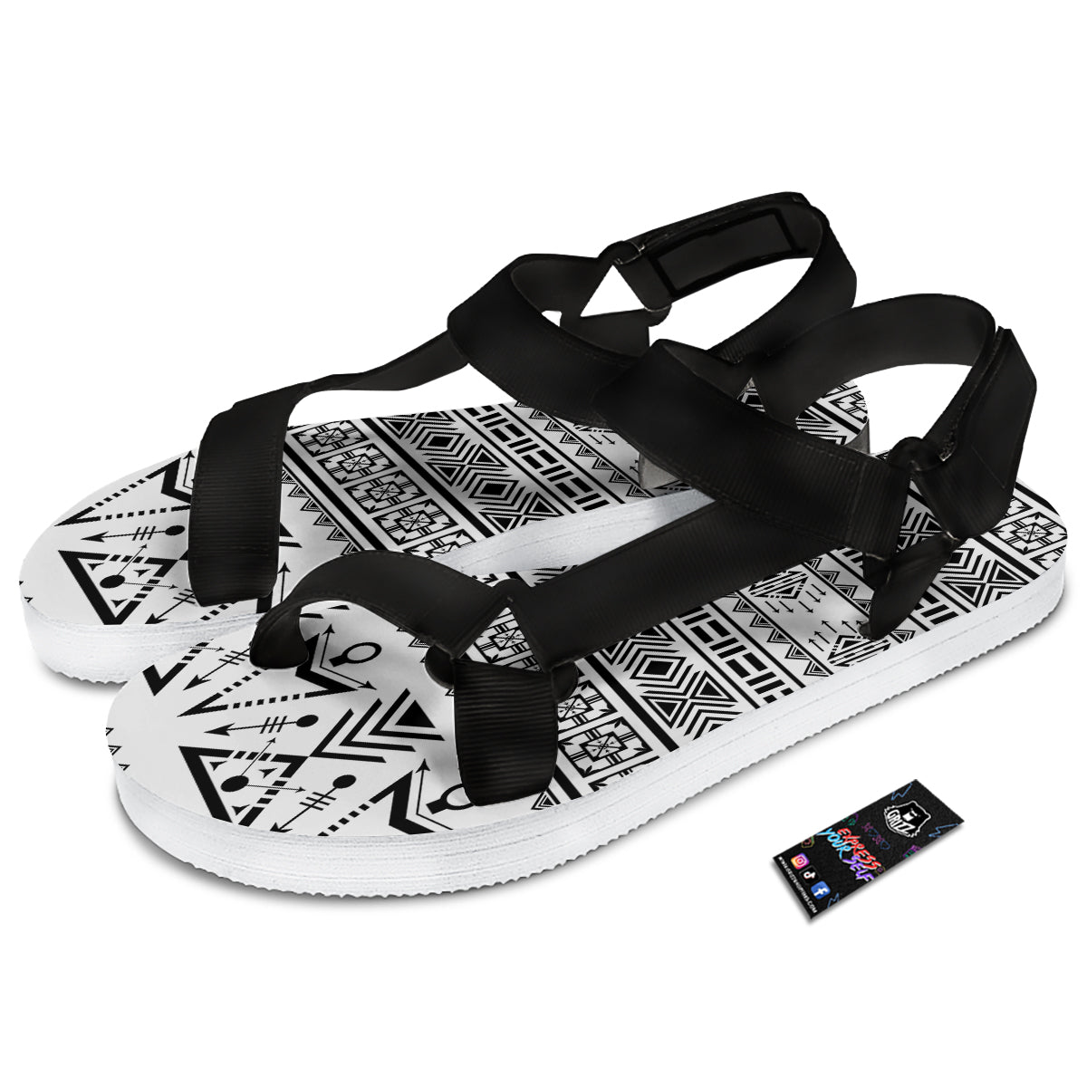 Aztec Grey And White Print Pattern Black Open Toe Sandals-grizzshop