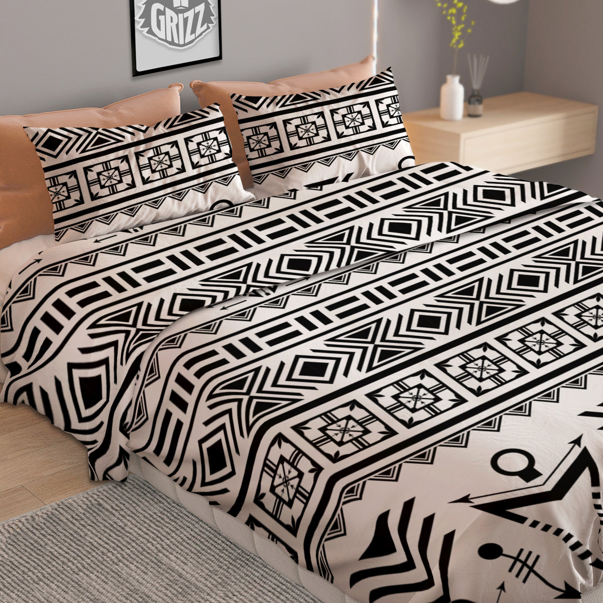 Aztec Grey And White Print Pattern Duvet Cover Bedding Set