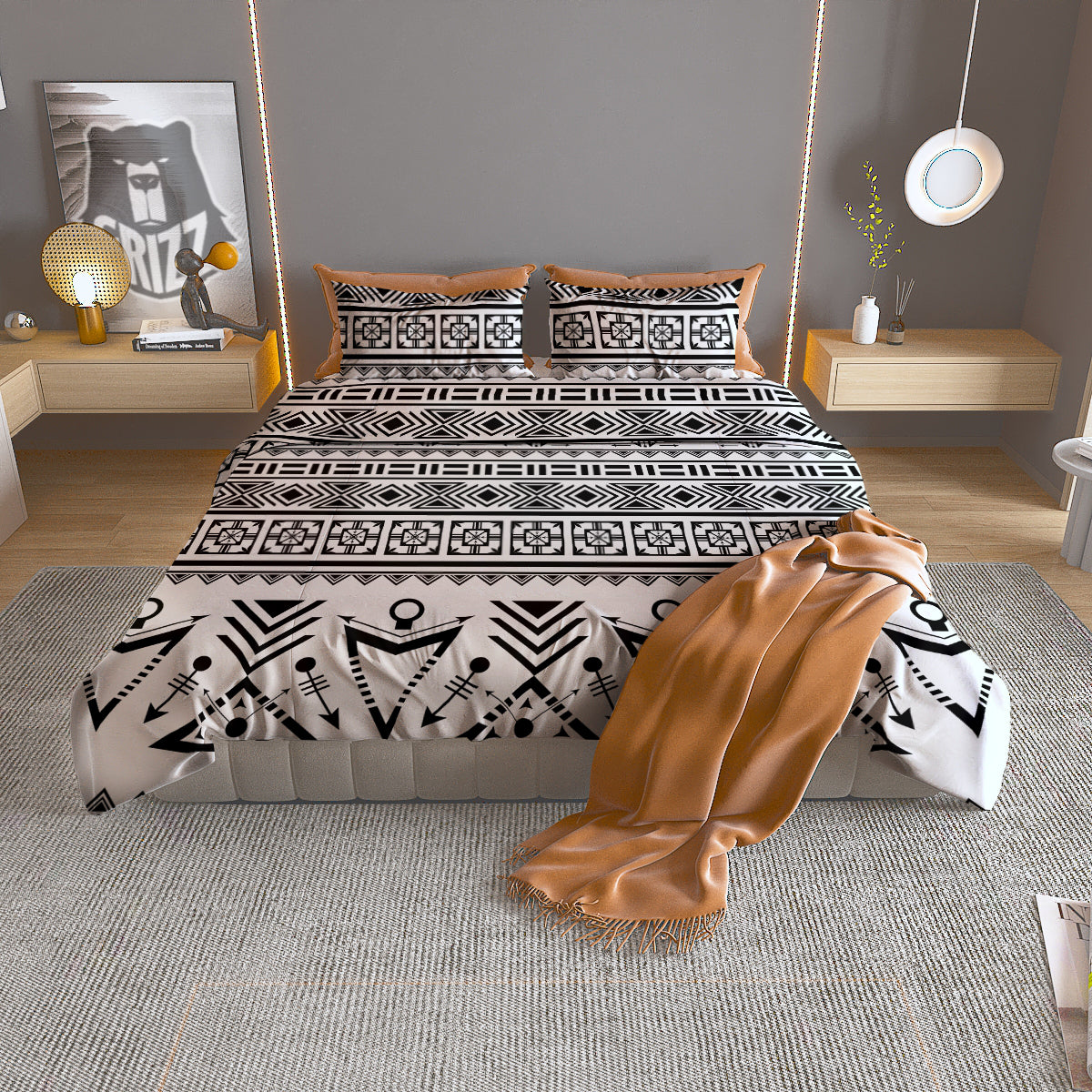 Aztec Grey And White Print Pattern Duvet Cover Bedding Set