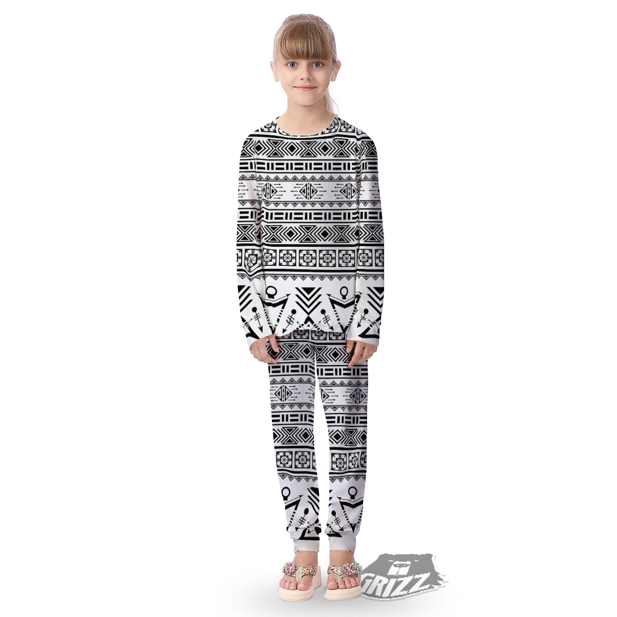 Aztec Grey And White Print Pattern Kid's Pajamas-grizzshop
