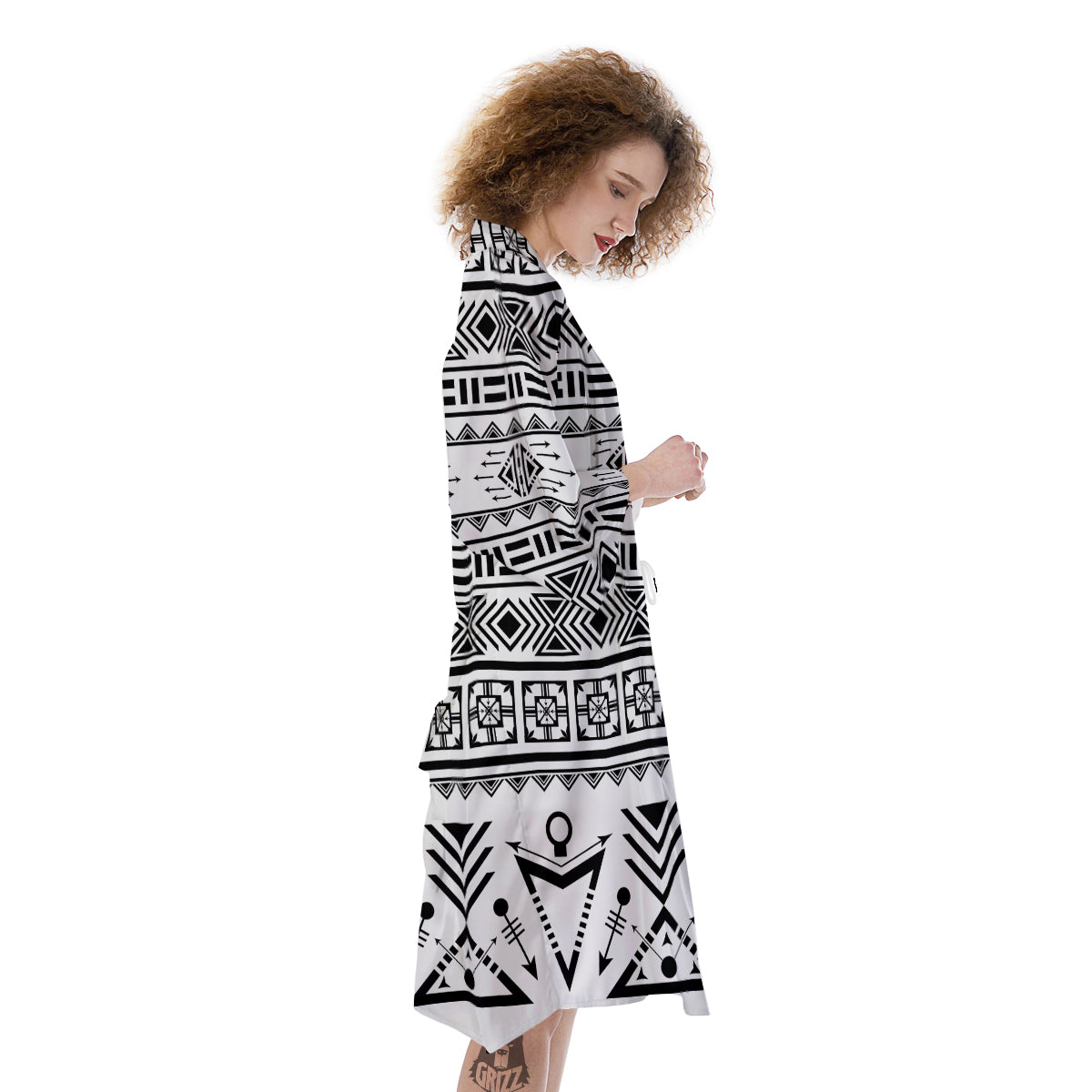 Aztec Grey And White Print Pattern Kimono-grizzshop