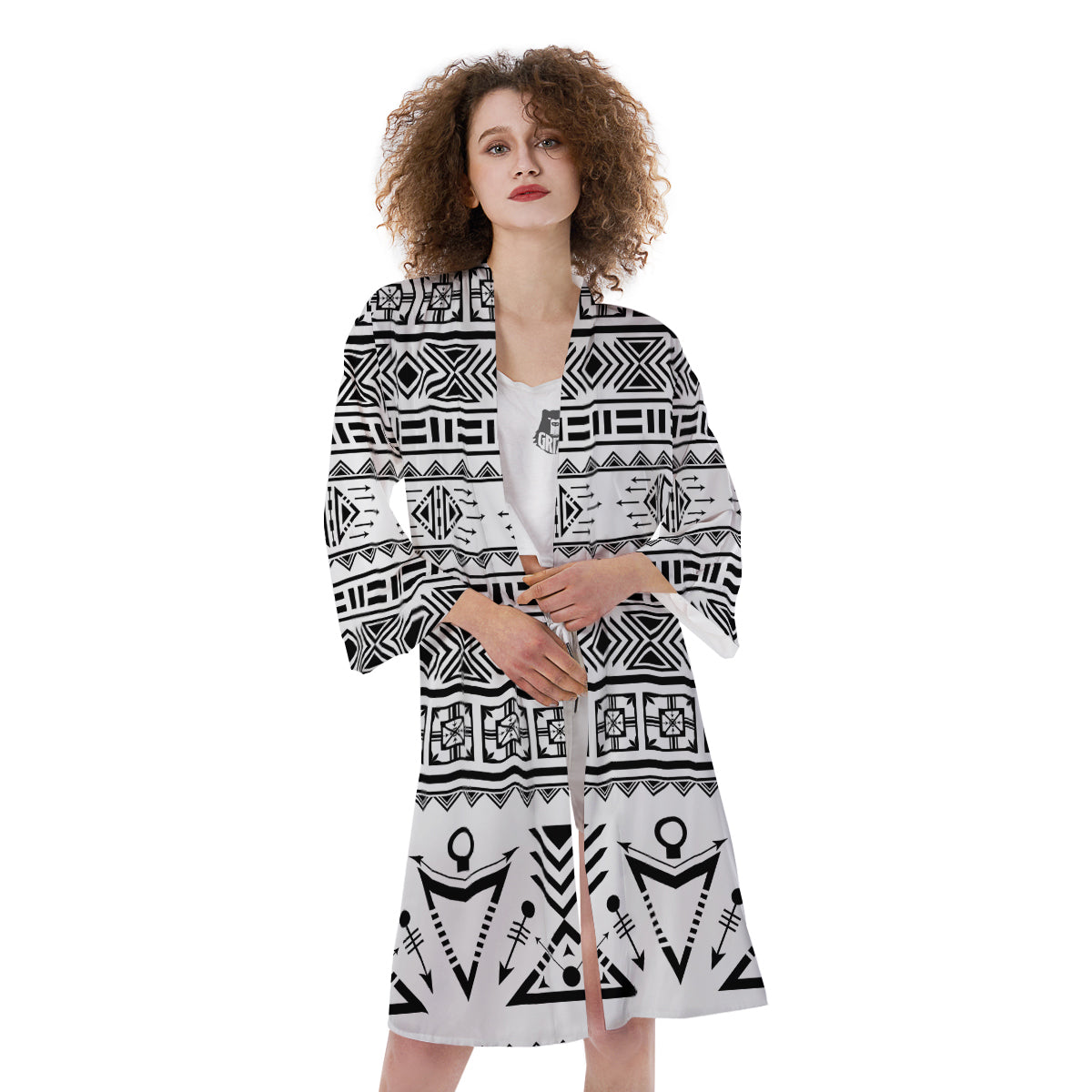Aztec Grey And White Print Pattern Kimono-grizzshop