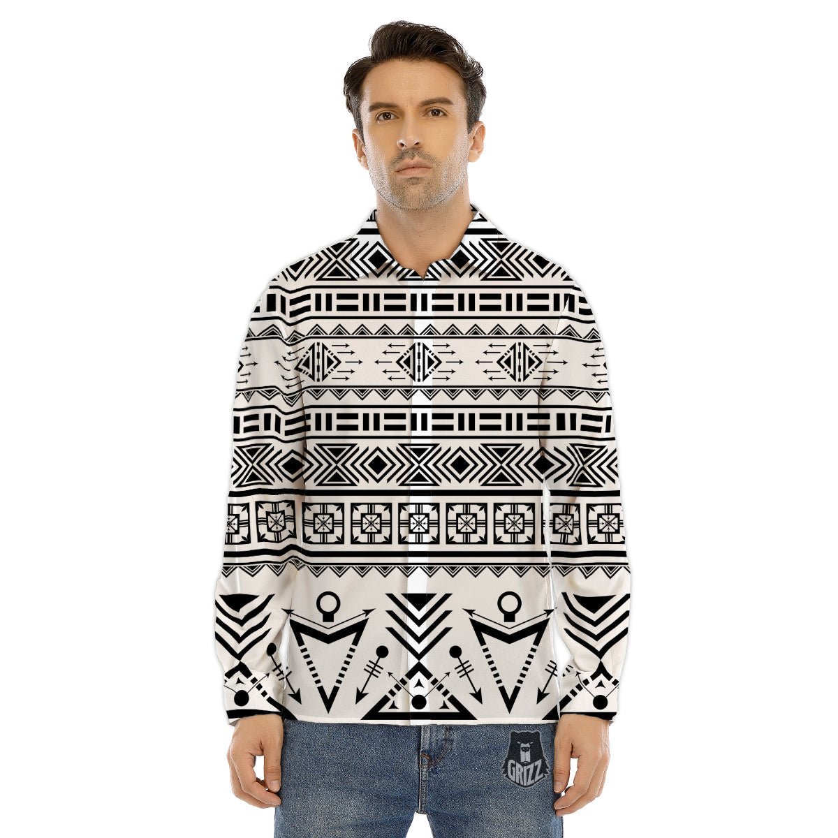 Aztec Grey And White Print Pattern Men's Dress Shirts-grizzshop