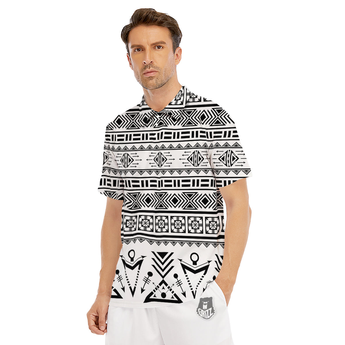 Aztec Grey And White Print Pattern Men's Golf Shirts-grizzshop