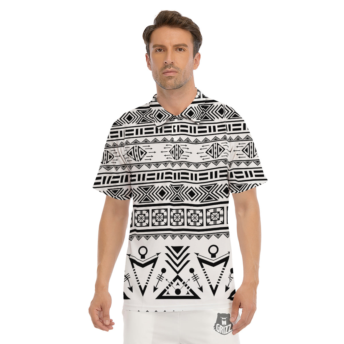 Aztec Grey And White Print Pattern Men's Golf Shirts-grizzshop