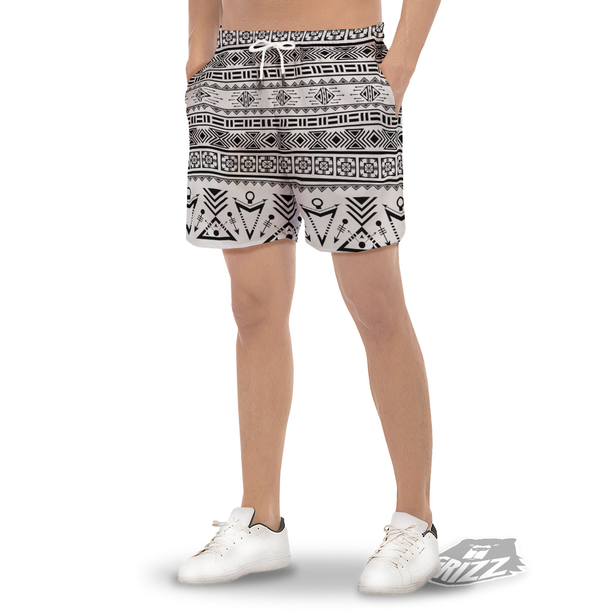 Aztec Grey And White Print Pattern Men's Gym Shorts-grizzshop