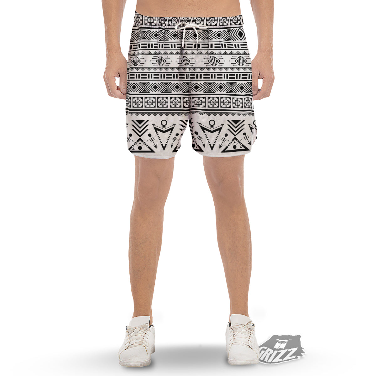 Aztec Grey And White Print Pattern Men's Gym Shorts-grizzshop