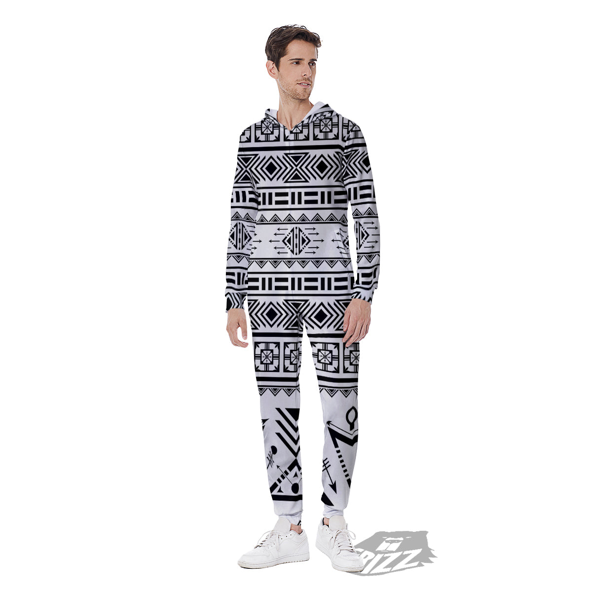 Aztec Grey And White Print Pattern Men's Jumpsuit-grizzshop