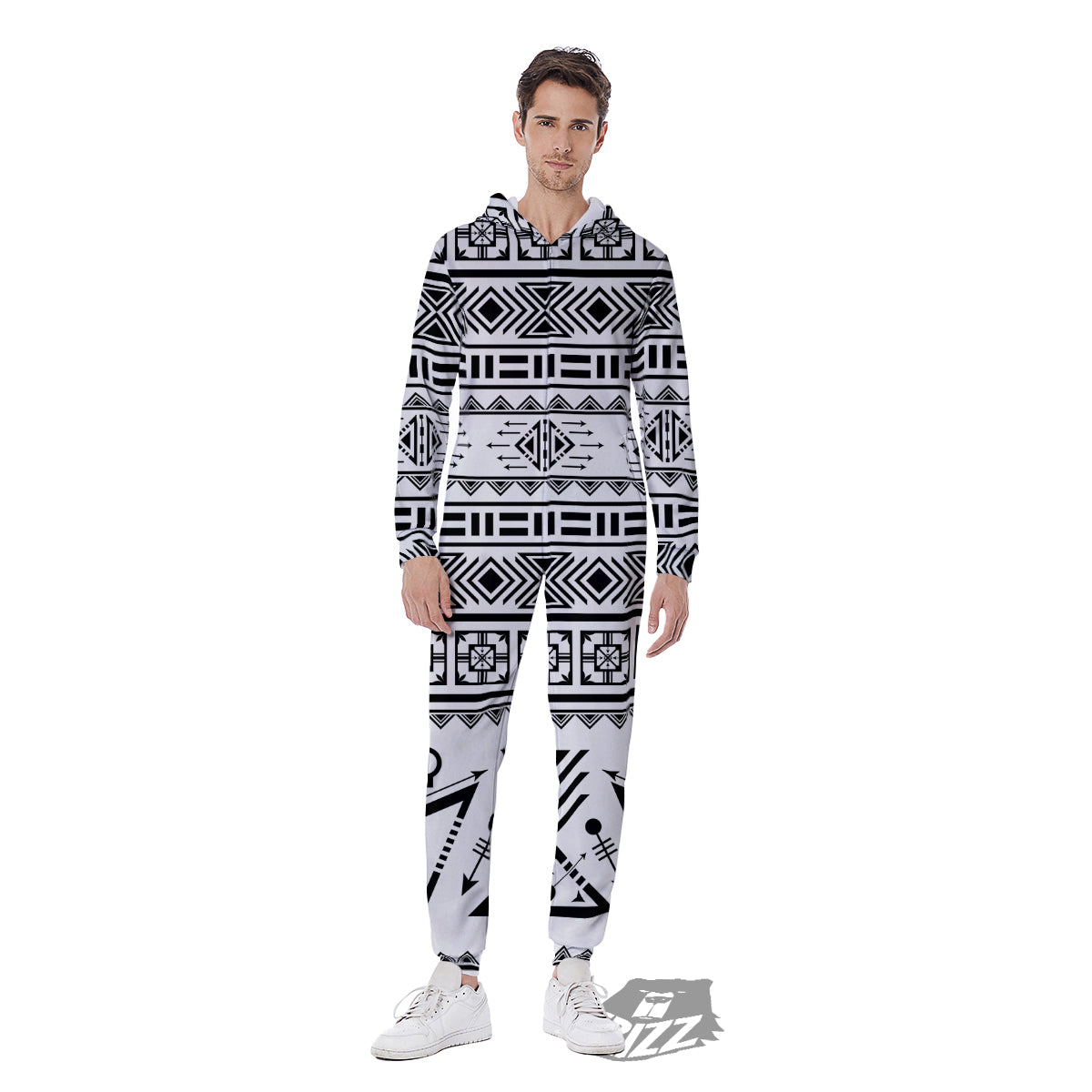 Aztec Grey And White Print Pattern Men's Jumpsuit-grizzshop