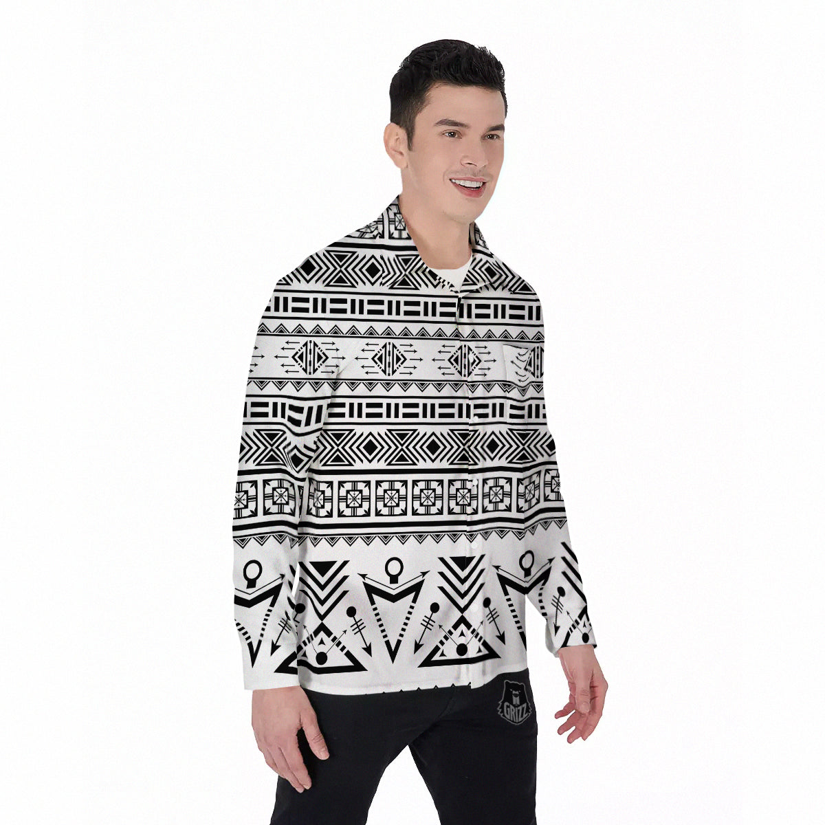 Aztec Grey And White Print Pattern Men's Long Sleeve Shirts-grizzshop