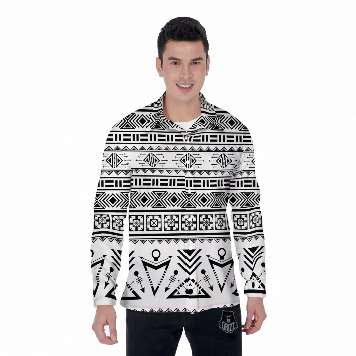 Aztec Grey And White Print Pattern Men's Long Sleeve Shirts-grizzshop