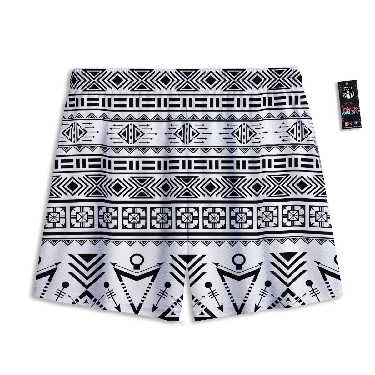 Aztec Grey And White Print Pattern Mesh Shorts
