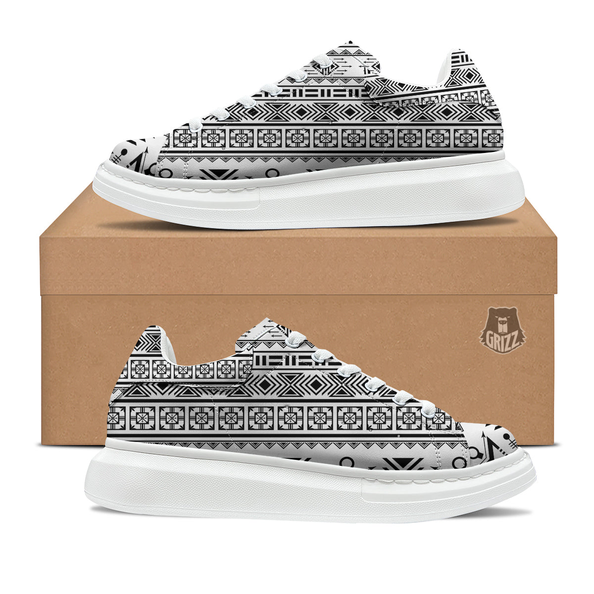 Aztec Grey And White Print Pattern Platform Shoes-grizzshop