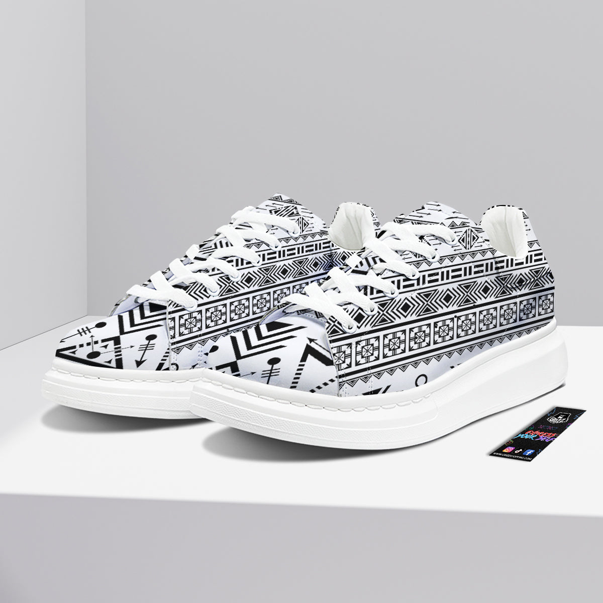 Aztec Grey And White Print Pattern Platform Shoes-grizzshop