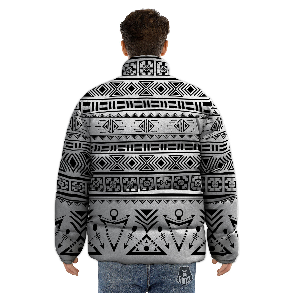 Aztec Grey And White Print Pattern Puffer Jacket-grizzshop