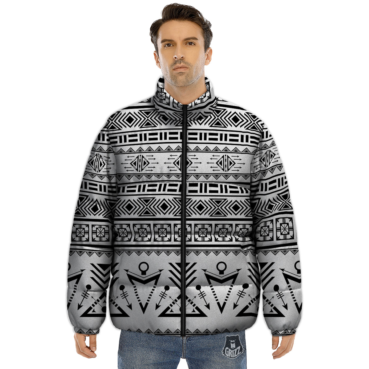 Aztec Grey And White Print Pattern Puffer Jacket-grizzshop