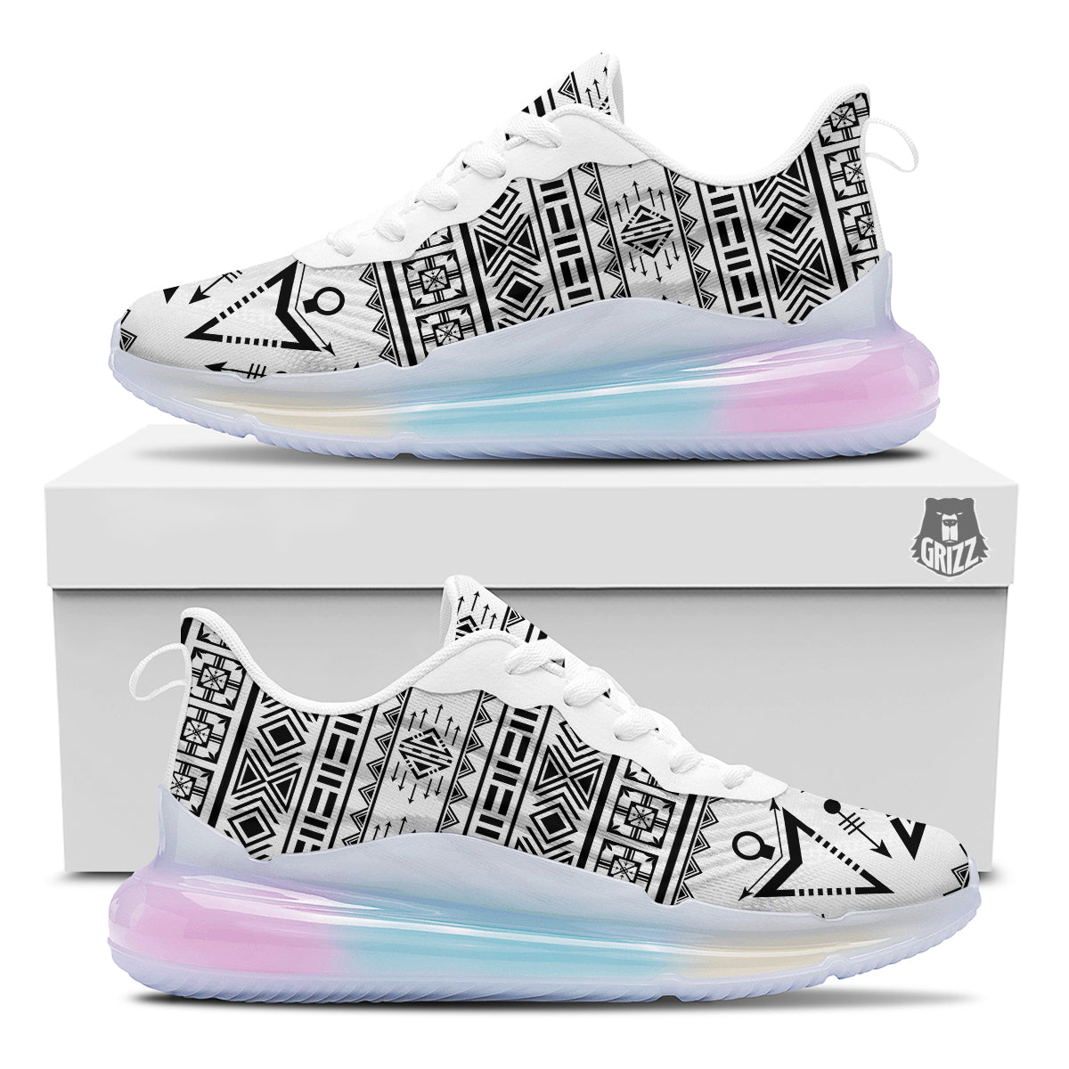 Aztec Grey And White Print Pattern Running Sneakers-grizzshop