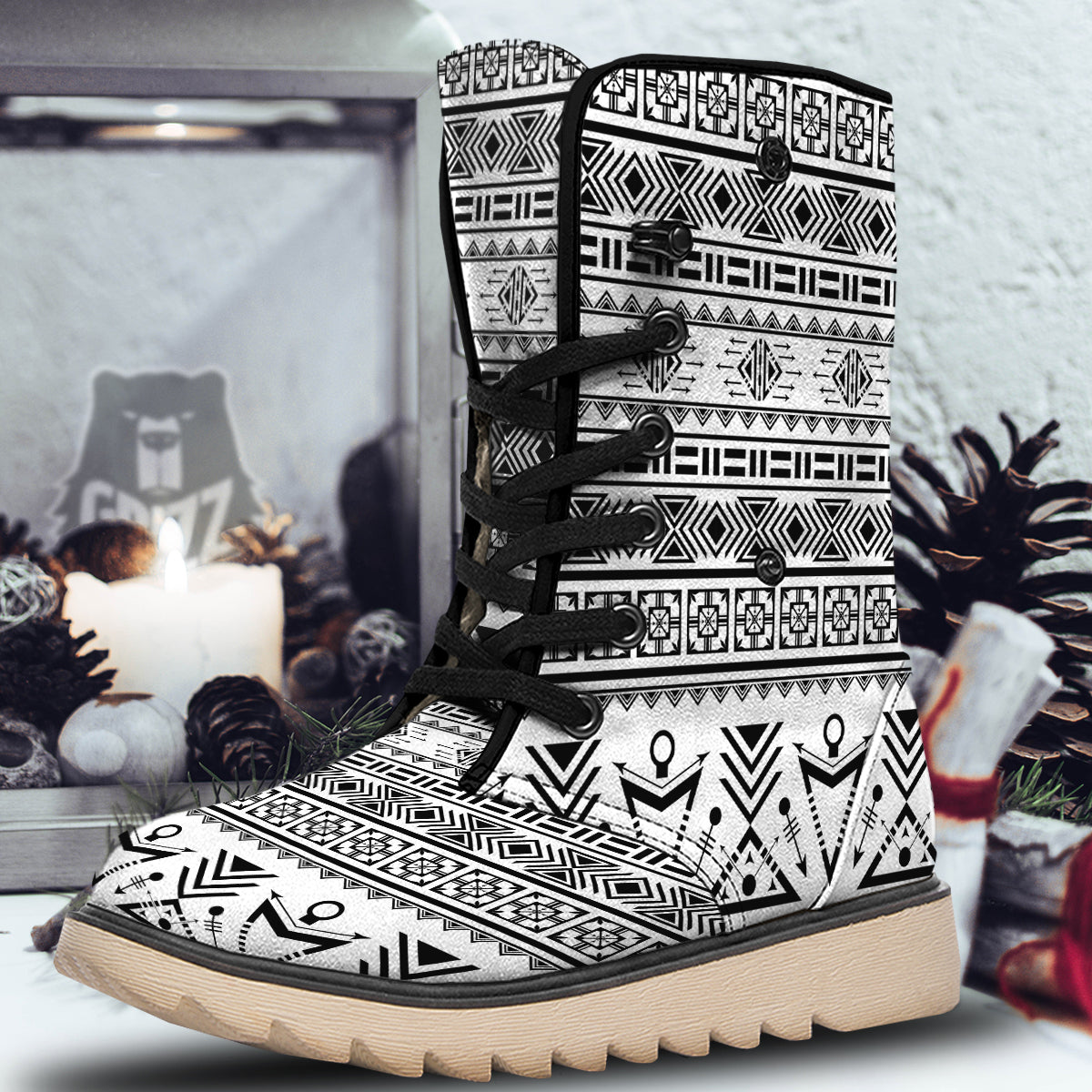 Aztec Grey And White Print Pattern Snow Boots-grizzshop