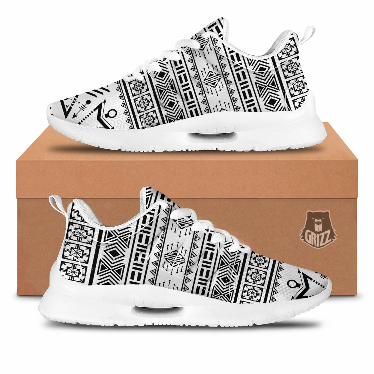 Aztec Grey And White Print Pattern Tennis Shoes-grizzshop