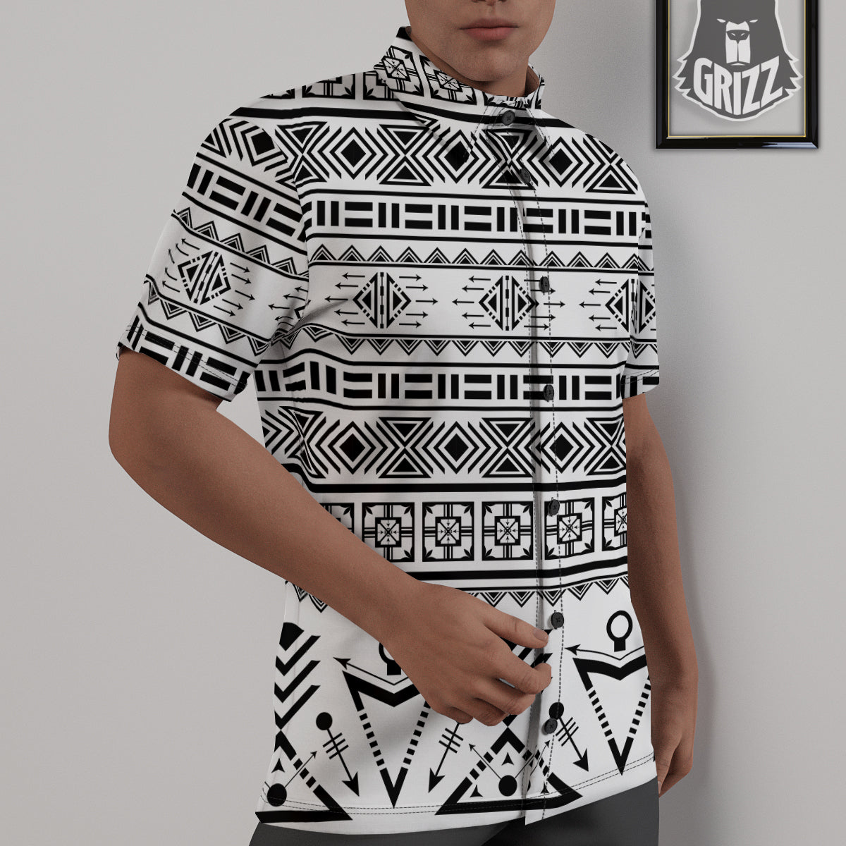 Aztec Grey And White Print Pattern Untucked Shirts-grizzshop