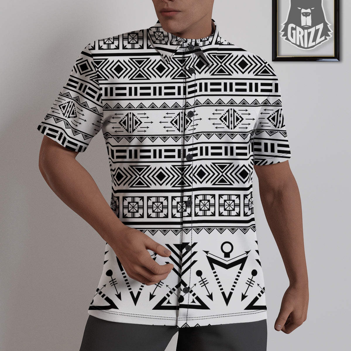 Aztec Grey And White Print Pattern Untucked Shirts-grizzshop