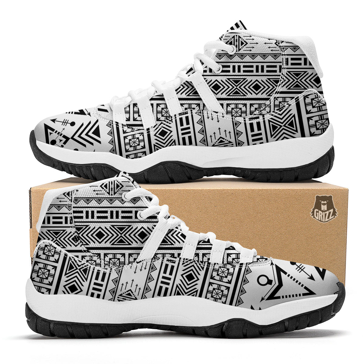 Aztec Grey And White Print Pattern White Bball Shoes-grizzshop