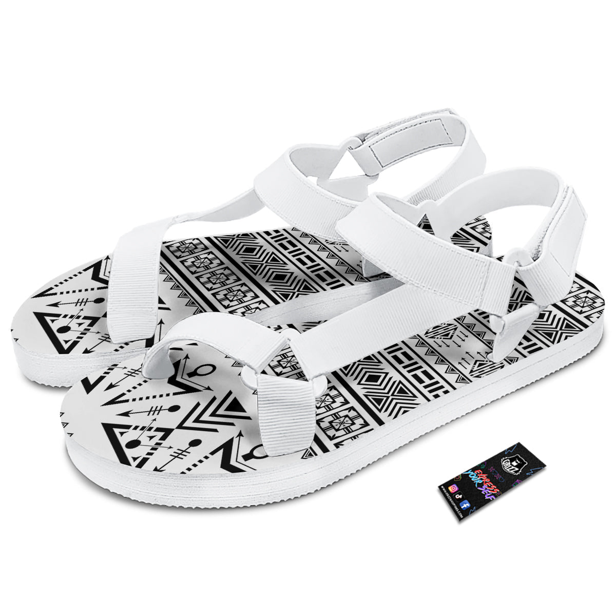 Aztec Grey And White Print Pattern White Open Toe Sandals-grizzshop