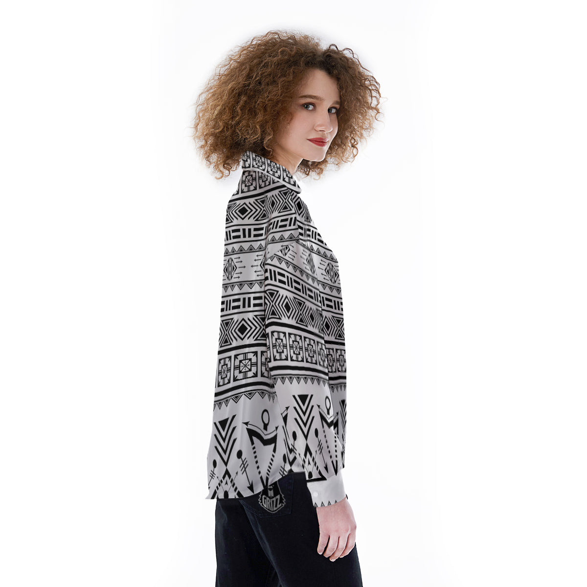 Aztec Grey And White Print Pattern Women's Long Sleeve Shirts-grizzshop