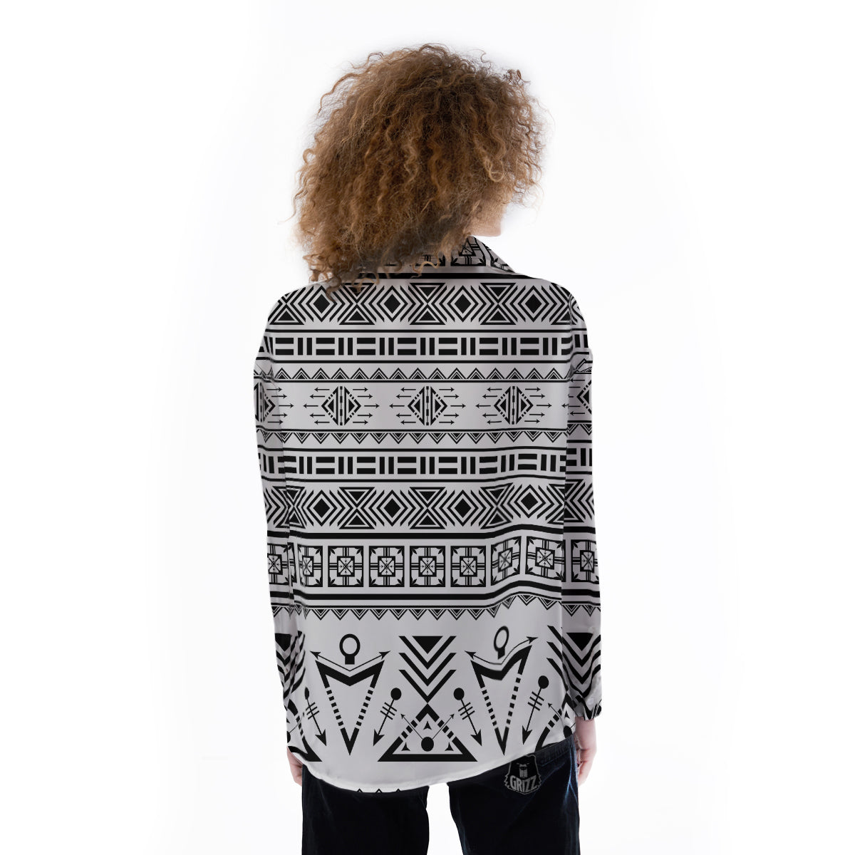 Aztec Grey And White Print Pattern Women's Long Sleeve Shirts-grizzshop