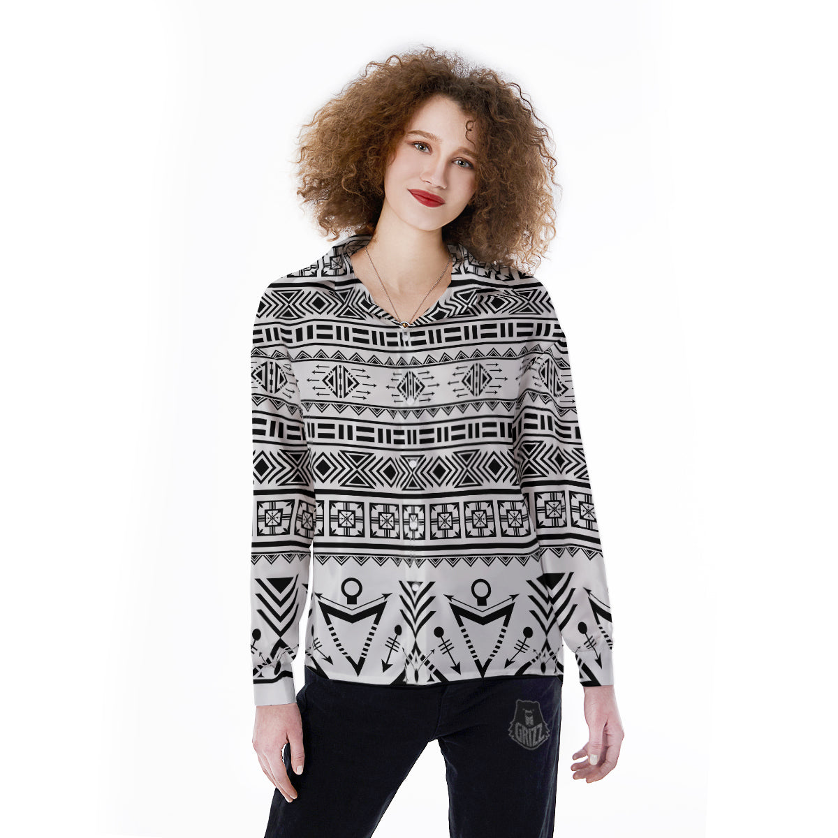 Aztec Grey And White Print Pattern Women's Long Sleeve Shirts-grizzshop
