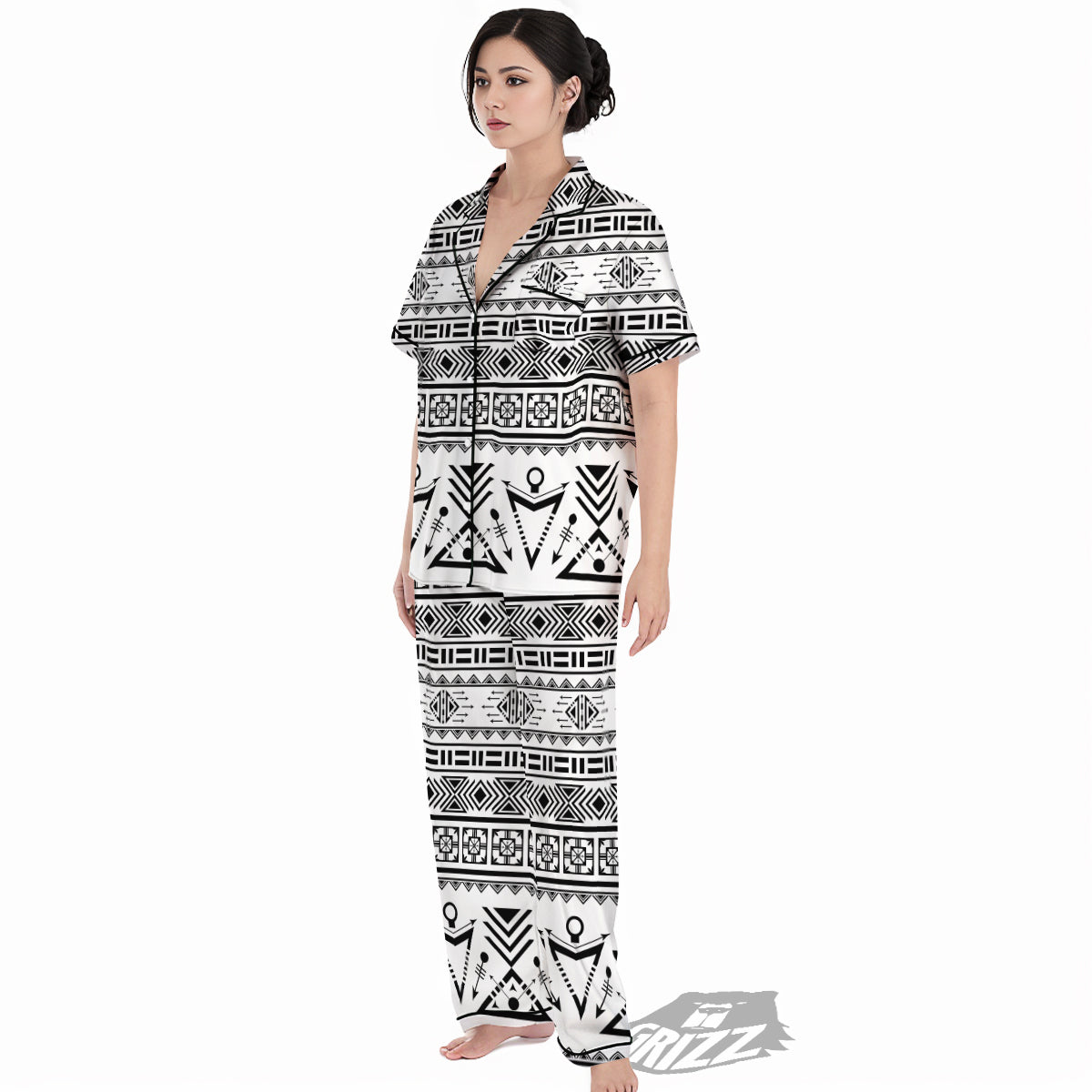Aztec Grey And White Print Pattern Women's Pajamas Set-grizzshop