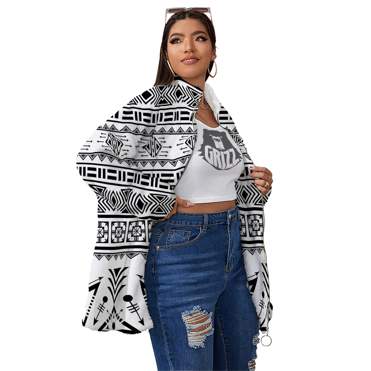 Aztec Grey And White Print Pattern Women's Sherpa Jacket-grizzshop