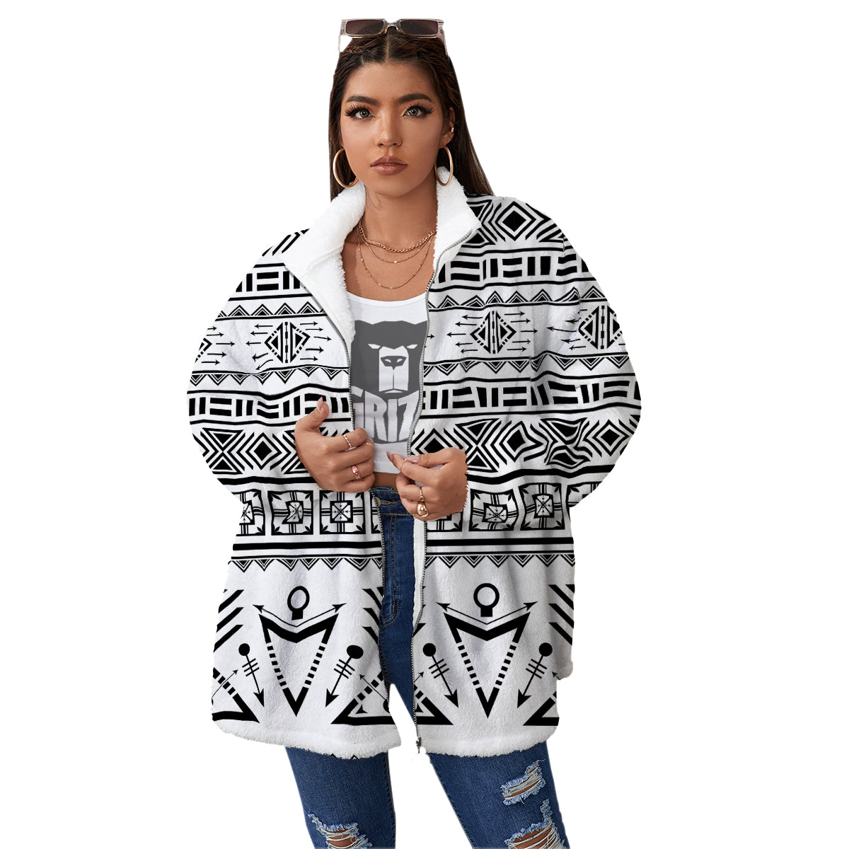 Aztec Grey And White Print Pattern Women's Sherpa Jacket-grizzshop