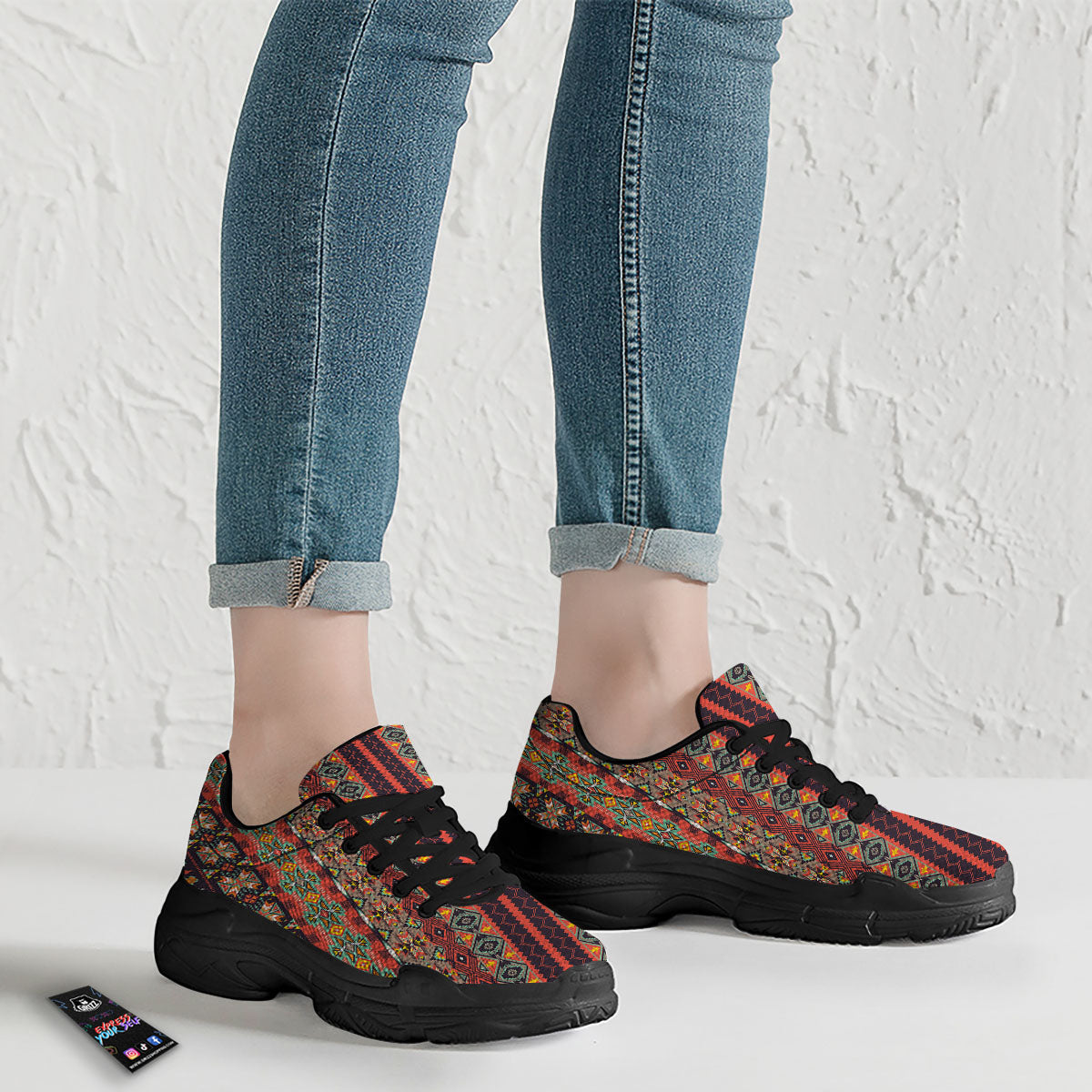 Aztec Native Tribal Print Pattern Black Chunky Shoes-grizzshop