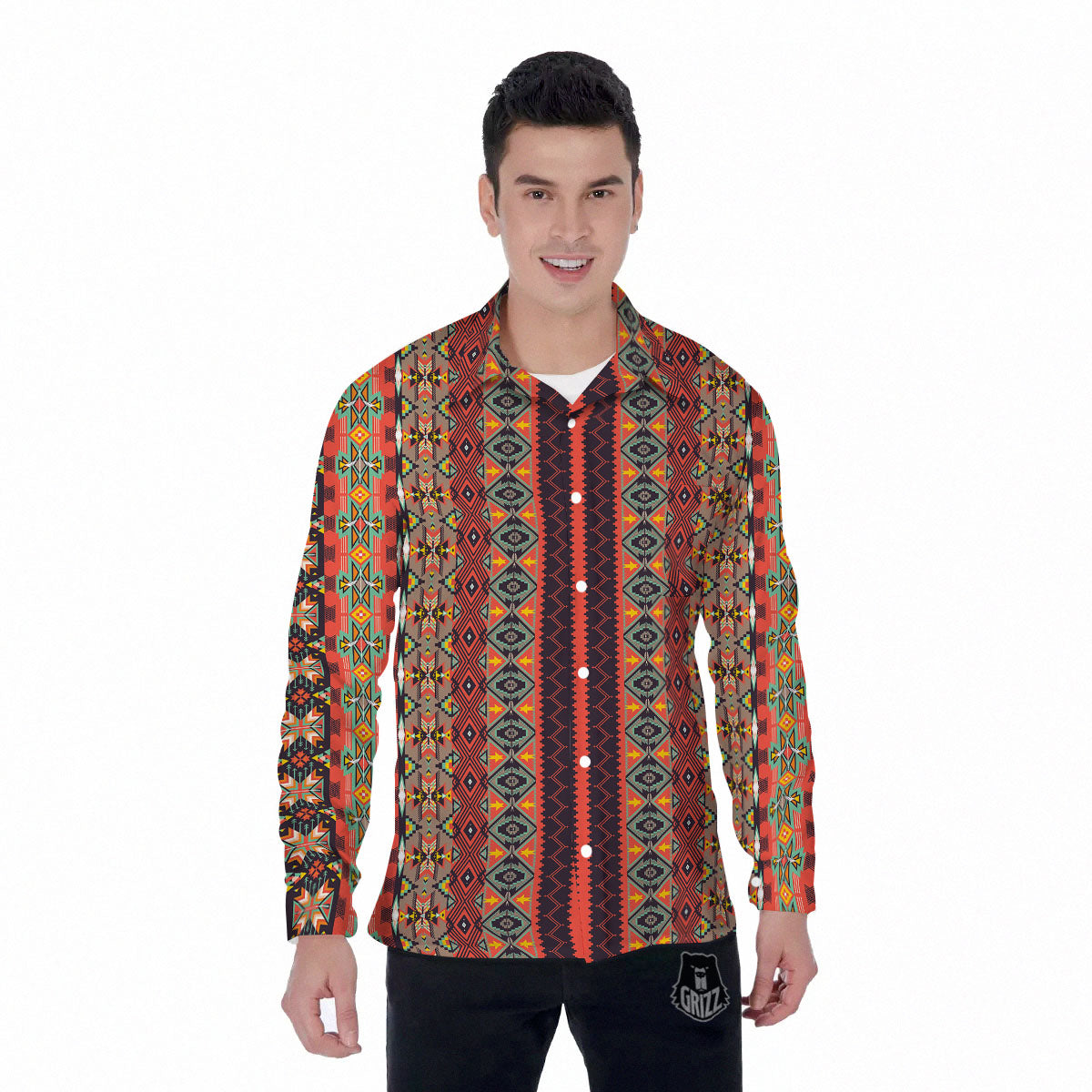 Aztec Native Tribal Print Pattern Men's Long Sleeve Shirts-grizzshop