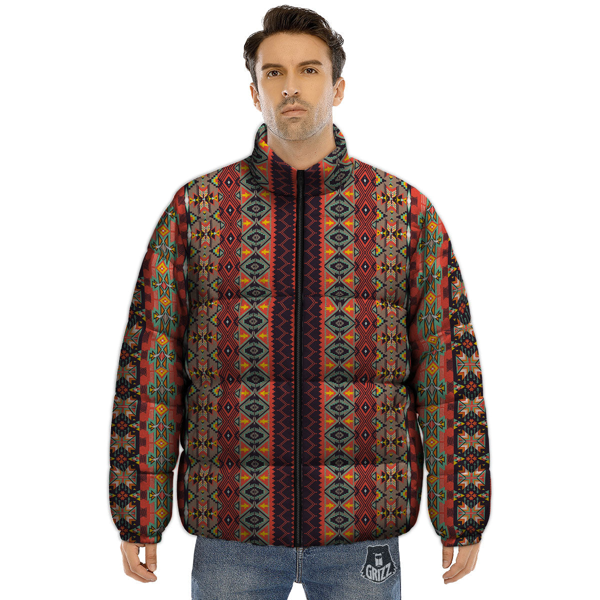 Aztec Native Tribal Print Pattern Puffer Jacket-grizzshop
