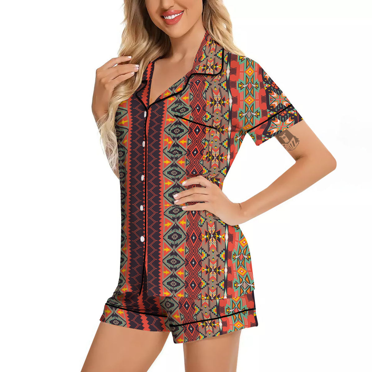 Aztec Native Tribal Print Pattern Women Silk Pajamas-grizzshop