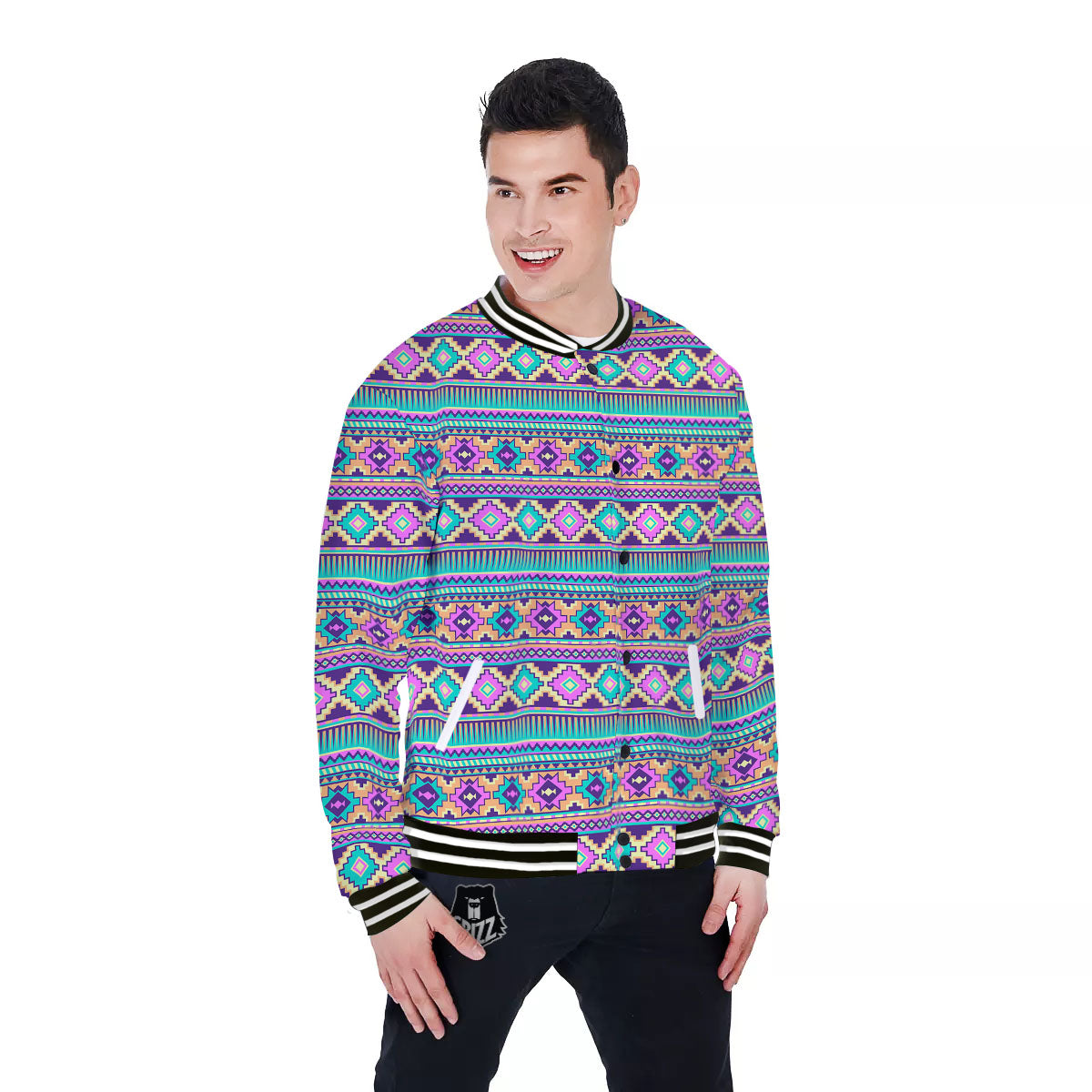 Aztec Neon Native Print Pattern Baseball Jacket-grizzshop