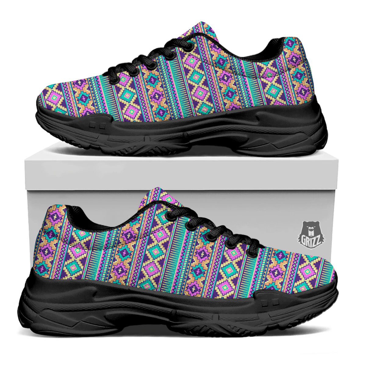 Aztec Neon Native Print Pattern Black Chunky Shoes-grizzshop
