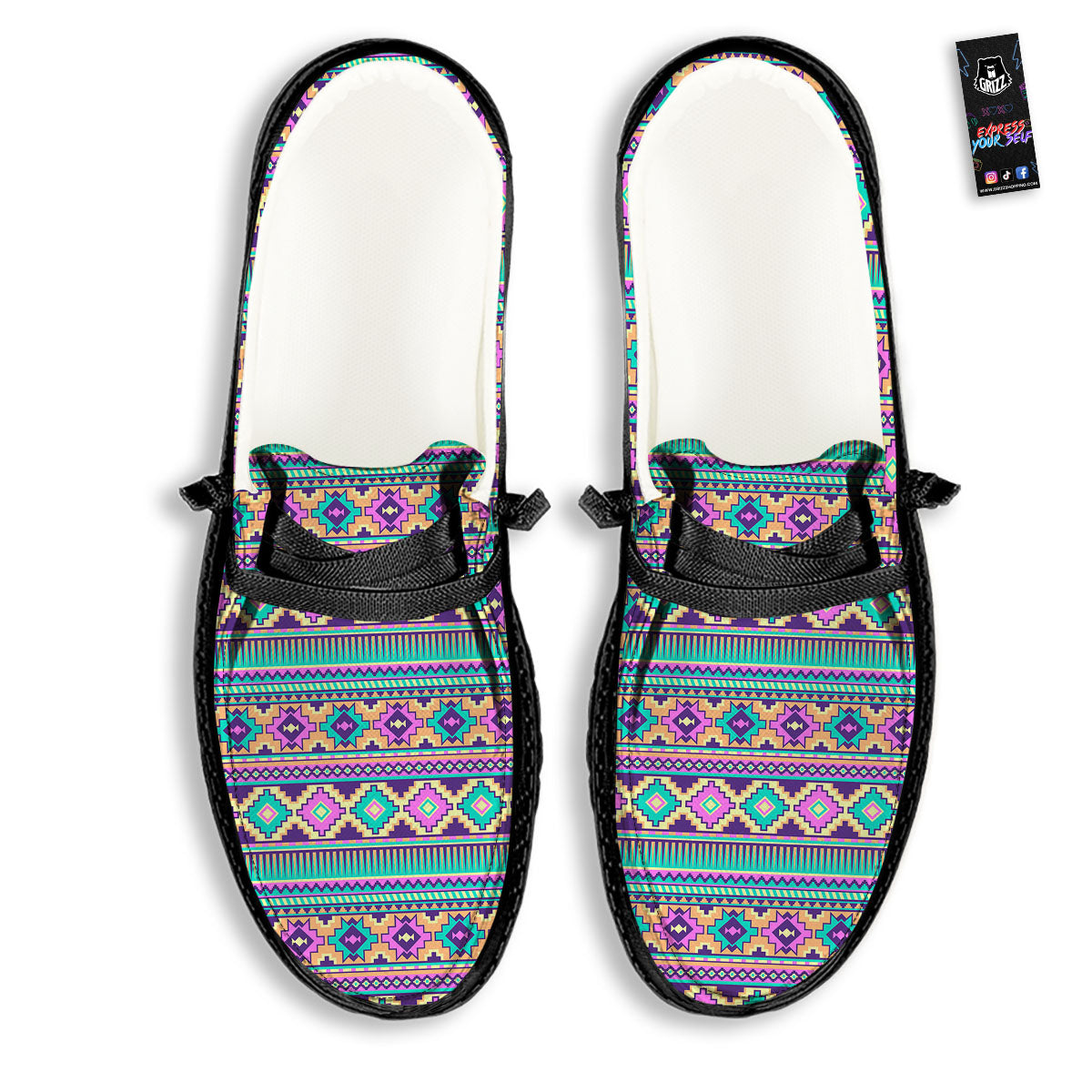 Aztec Neon Native Print Pattern Black Loafers-grizzshop