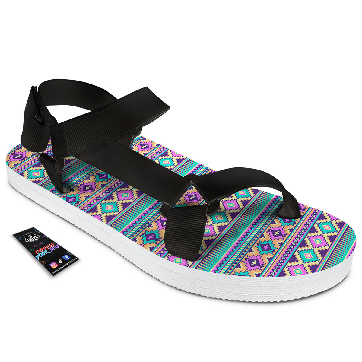 Aztec Neon Native Print Pattern Black Open Toe Sandals-grizzshop