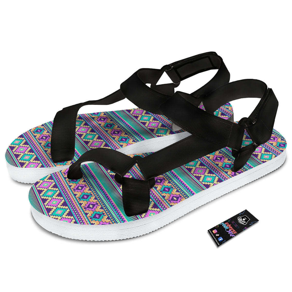 Aztec Neon Native Print Pattern Black Open Toe Sandals-grizzshop